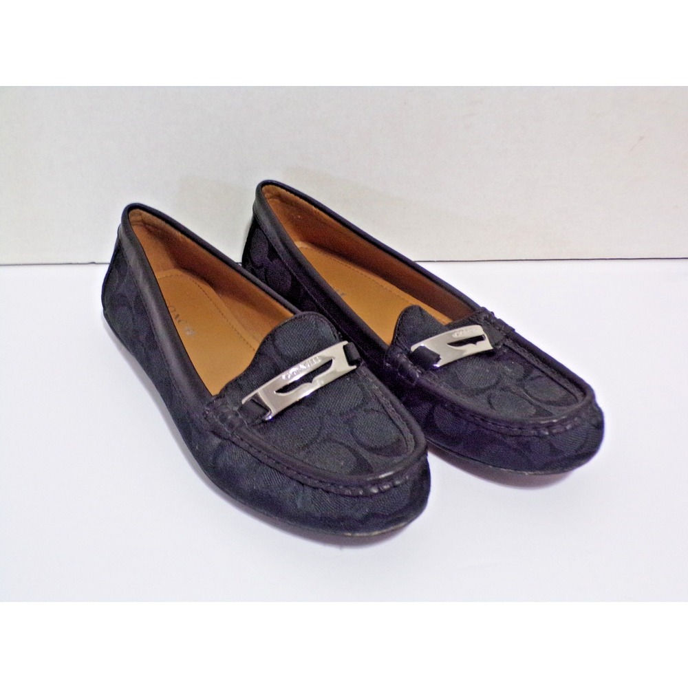 Coach "Olympia" Black Logo Women's Dress Flats USA Size 6 EUR 36.5 Silver Accent